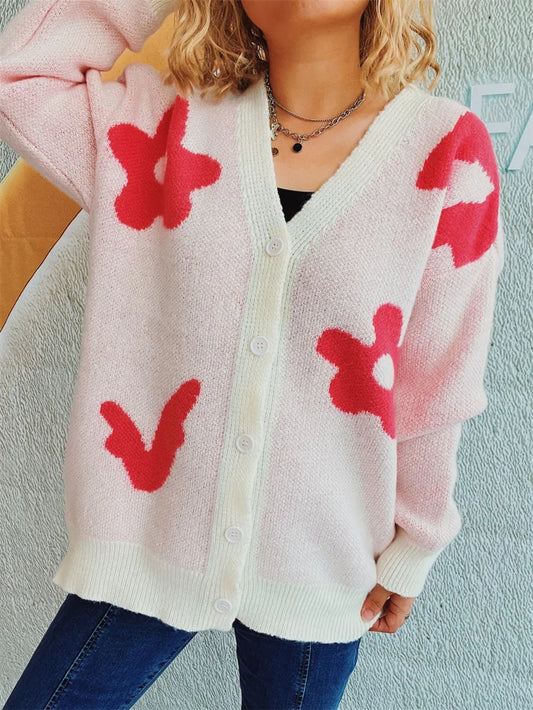 Flower Button Down V-Neck Long Sleeve Cardigan Blush Pink One Size Easy Apparels