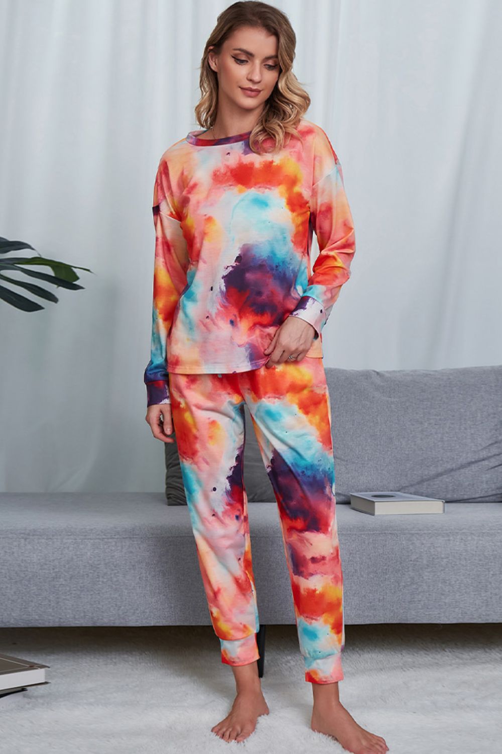Shiny Tie-Dye Crewneck Top and Drawstring Waist Joggers Lounge Set Easy Apparels