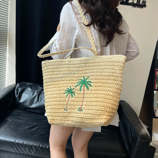 Palm Tree Woven Straw Shoulder Bag Khaki onesize Easy Apparels