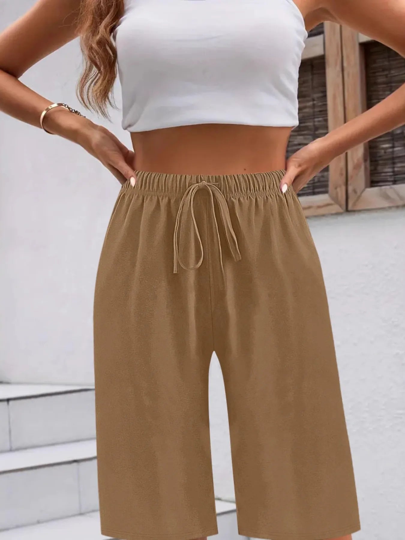 Casual Drawstring Wide Leg Shorts Khaki Easy Apparels