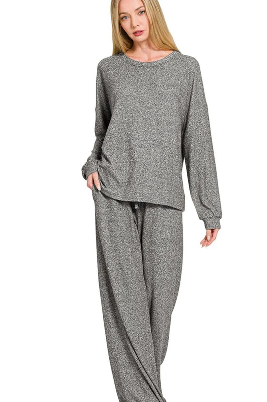 Zenana Soft Melange Hacci Long Slv Tee & Pants Set Gray Easy Apparels