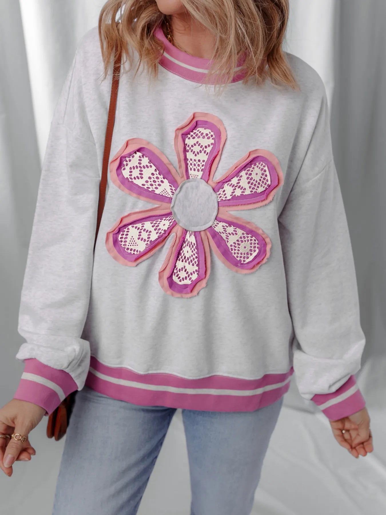 Trendsi Flower Patch Contrast Trim Crew Neck Sweatshirt