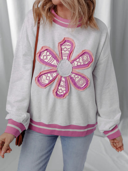 Trendsi Flower Patch Contrast Trim Crew Neck Sweatshirt