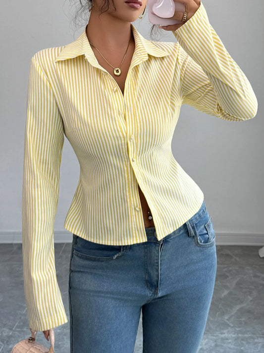 Trendsi Striped Button-Up Long Sleeve Shirt Pastel Yellow