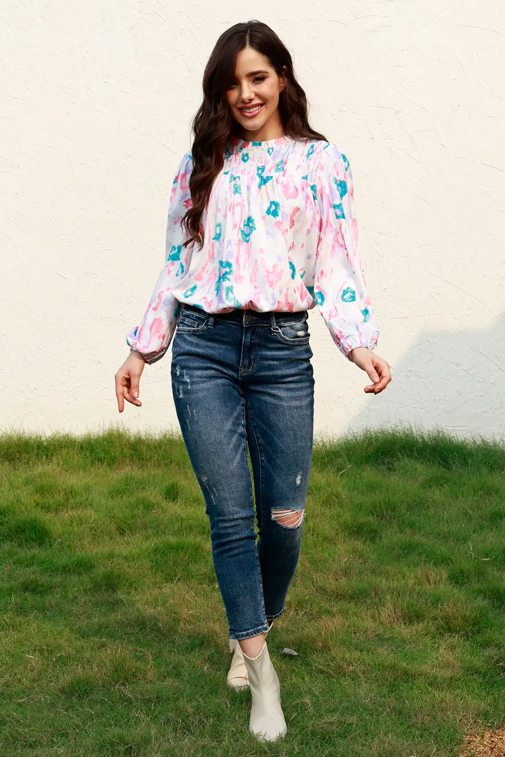 Trendsi Floral Smocked Balloon Sleeve Round Neck Blouse