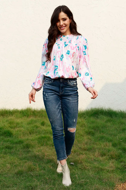 Trendsi Floral Smocked Balloon Sleeve Round Neck Blouse
