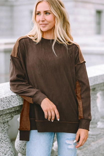 Trendsi Ribbed Exposed Seam Dropped Shoulder Blouse