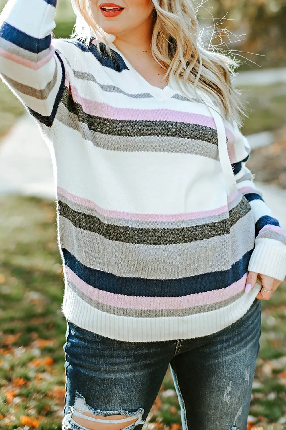 Plus Size Striped Long Sleeve Hooded Sweater Stripe Easy Apparels
