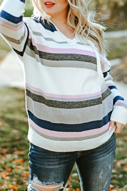 Plus Size Striped Long Sleeve Hooded Sweater Stripe Easy Apparels