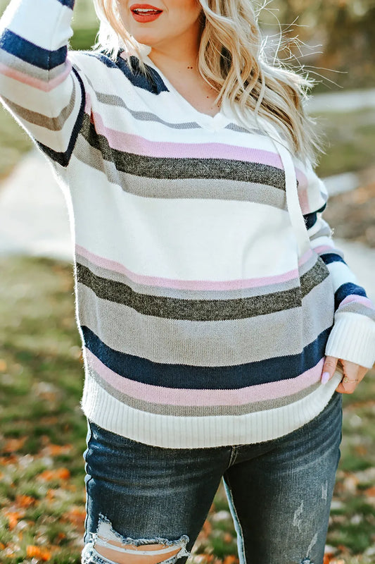 Plus Size Striped Long Sleeve Hooded Sweater Stripe Easy Apparels