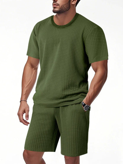 Men's Full Size Textured Round Neck Top and Shorts Set Plus SIze Army Green Easy Apparels
