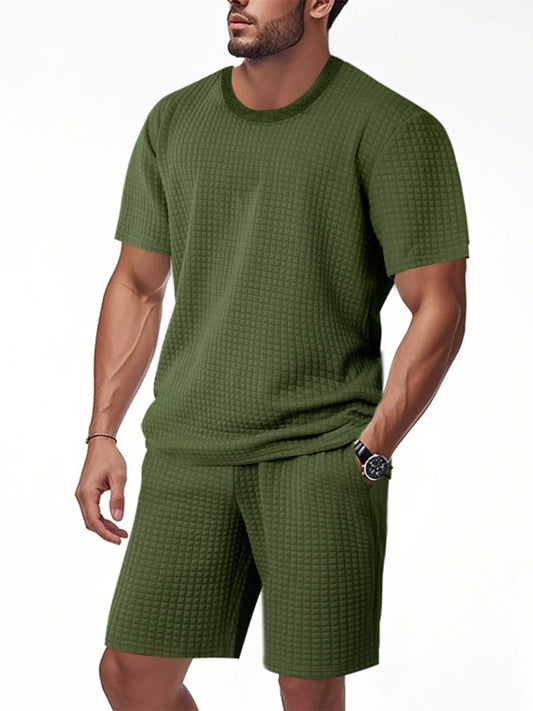 Men's Full Size Textured Round Neck Top and Shorts Set Plus SIze Army Green Easy Apparels
