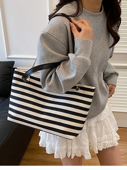 Striped Shoulder Bag with Chain Detail Black One Size Easy Apparels