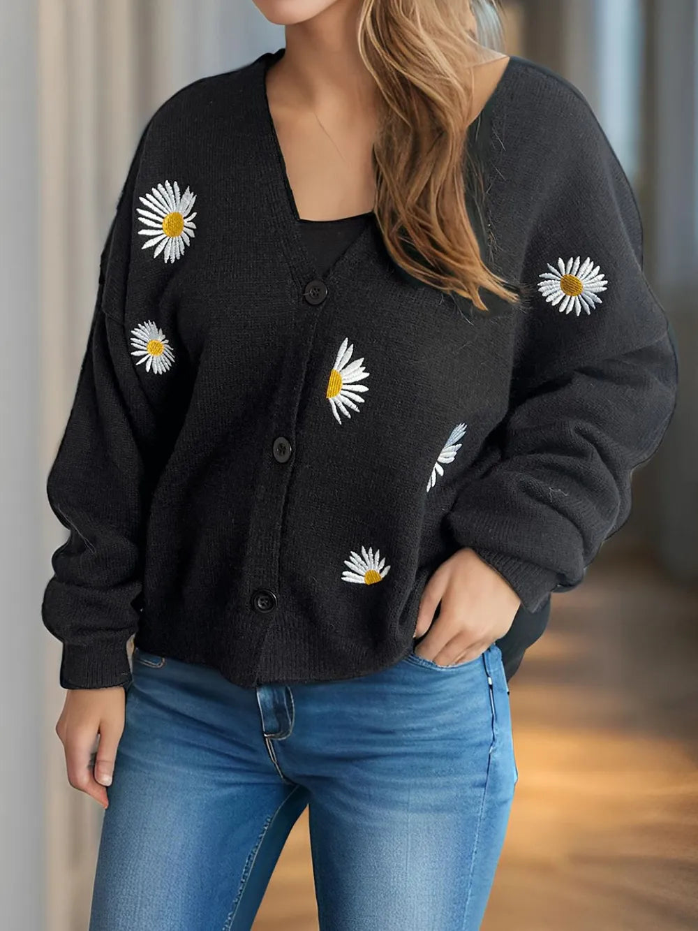 Daisy Button Up V-Neck Cardigan Easy Apparels