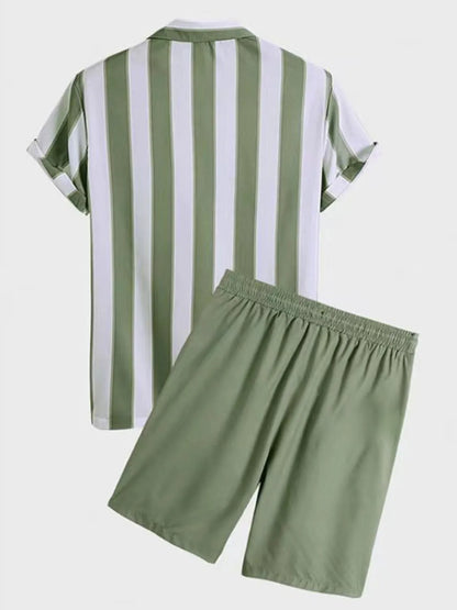 Men's Full Size Striped Casual Shirt and Shorts Set Plus Size Easy Apparels