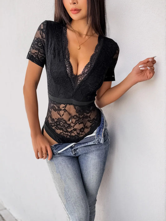 Trendsi Lace Plunge Short Sleeve Bodysuit Black