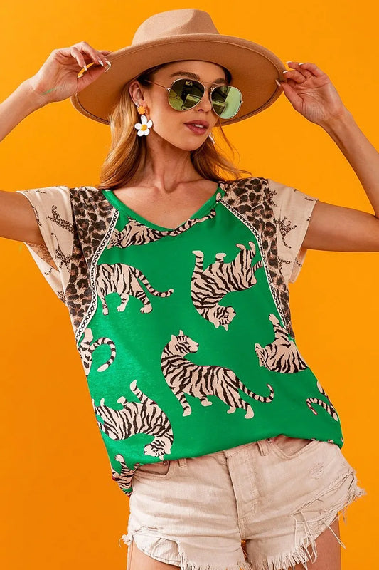 Trendsi BiBi Tiger Printed Jersey Block T-Shirt with Aztec Trim GREEN