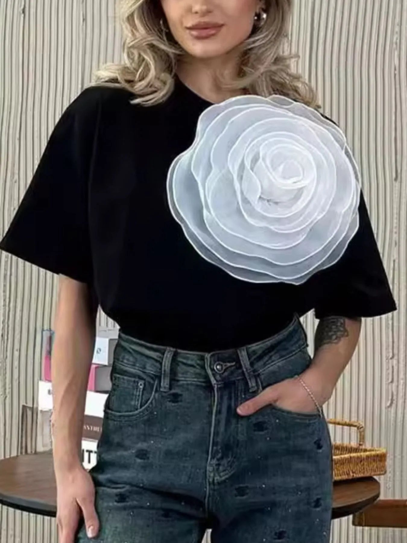 Trendsi Flower Round Neck Short Sleeve T-Shirt