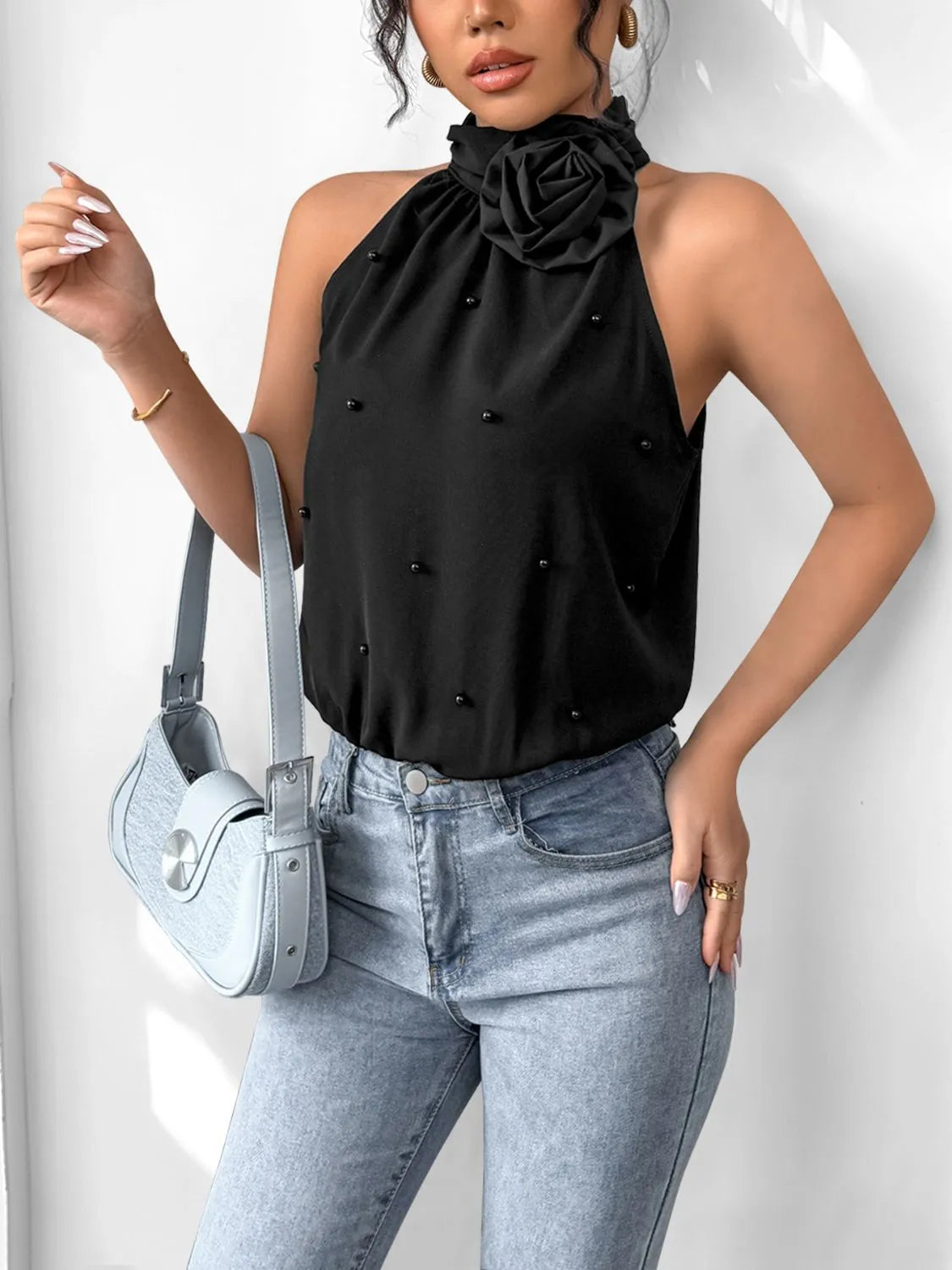 Trendsi 3D Flower Grecian Neck Bodysuit