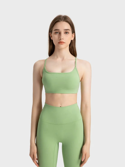 Millennia Crisscross Back Scoop Neck Active Cami with Detachable Chest Pads Yellow-Green Easy Apparels