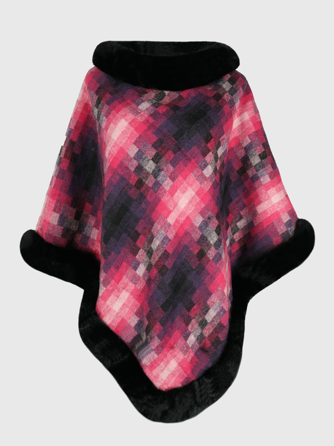 Faux Fur Trim Poncho Deep Rose One Size Easy Apparels