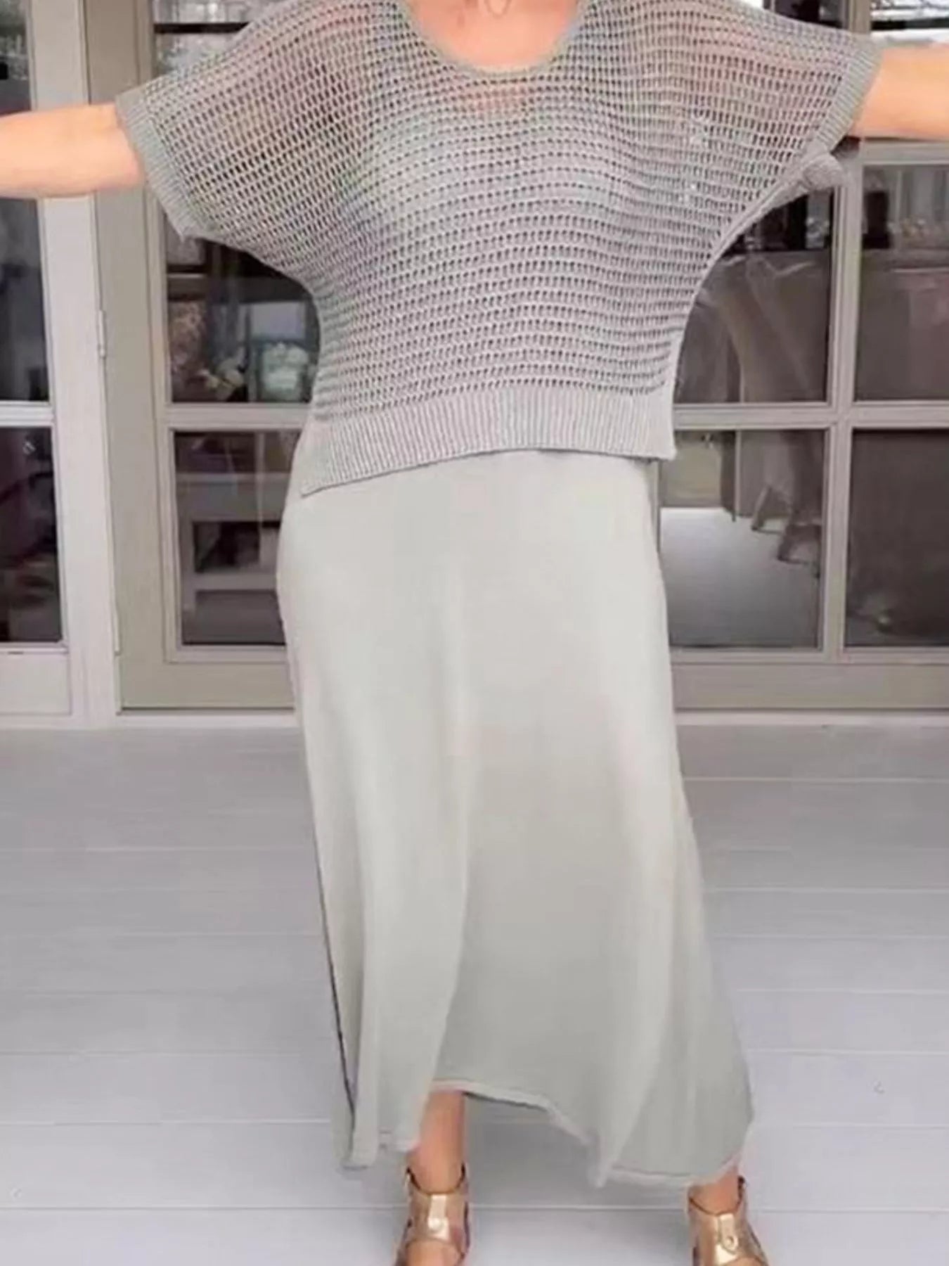 Full Size Openwork Knit Cover Up and Dress Set Plus Size Easy Apparels
