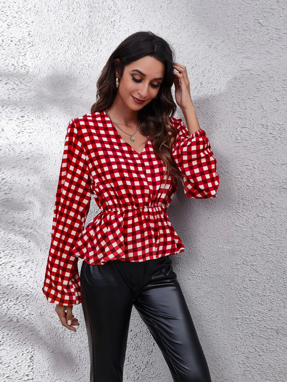 Trendsi Plaid V-Neck Balloon Sleeve Peplum Blouse