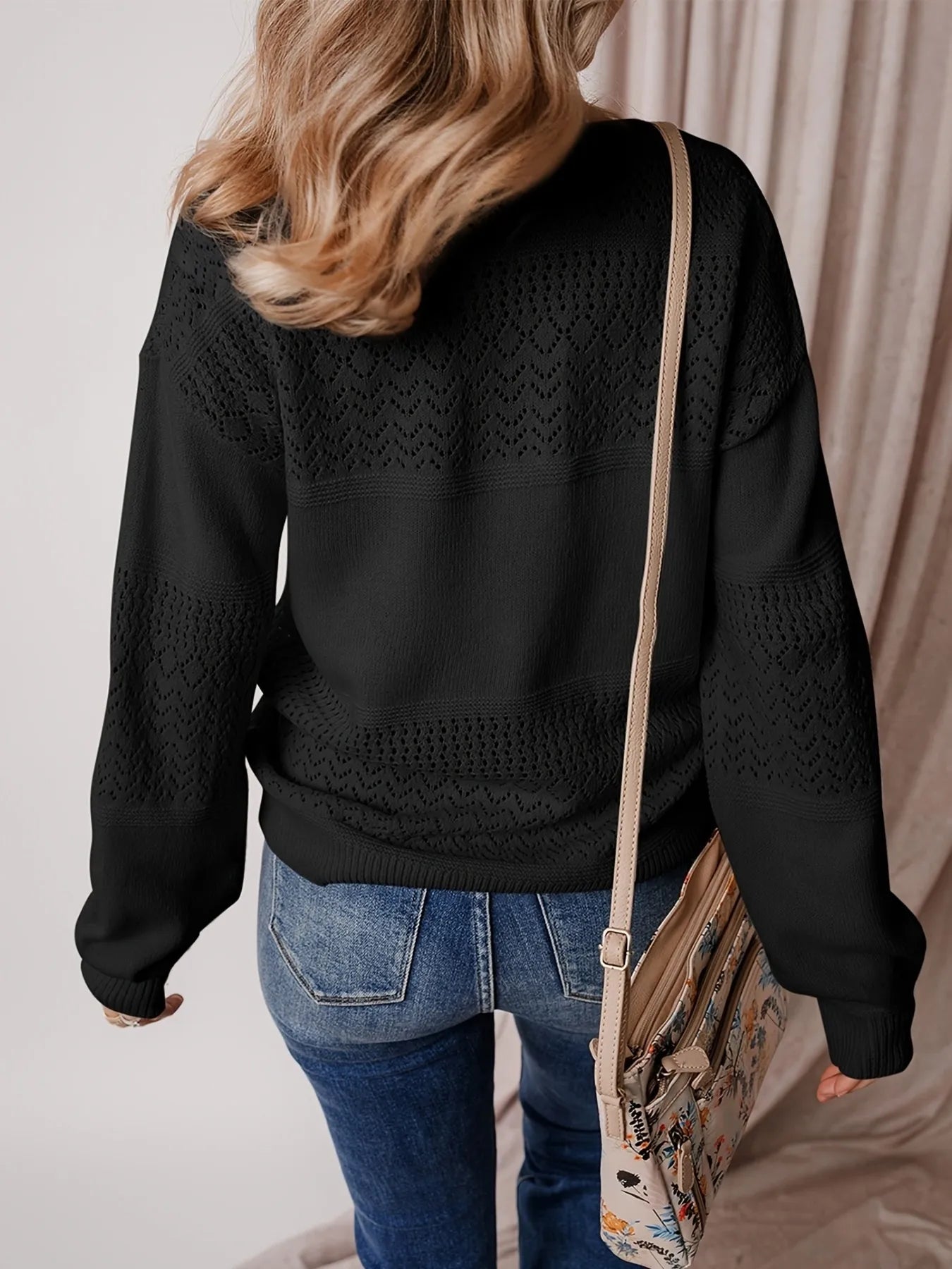 Trendsi Eyelet Deatil V-Neck Long Sleeve Sweater