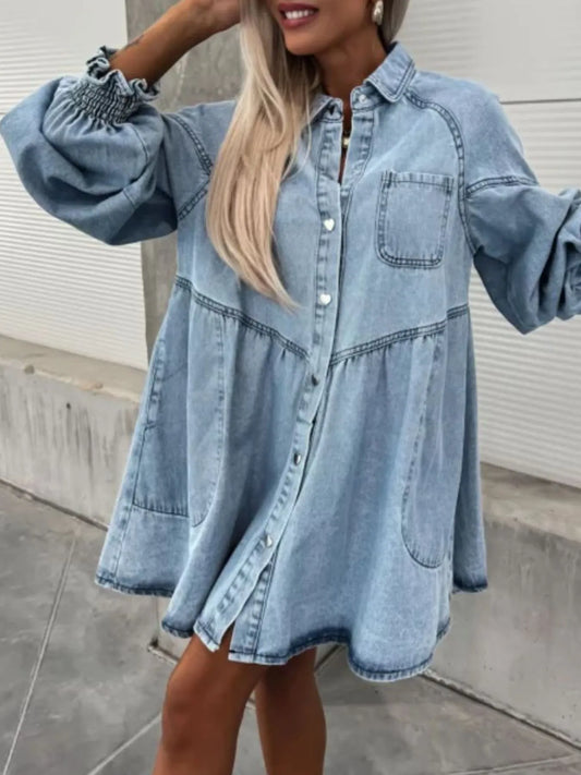 Oversized Long Sleeve Button-Up Denim Dress Light Blue One Size Easy Apparels