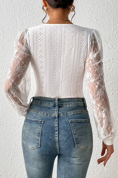 Trendsi Eyelet Lace Long Sleeve Bodysuit