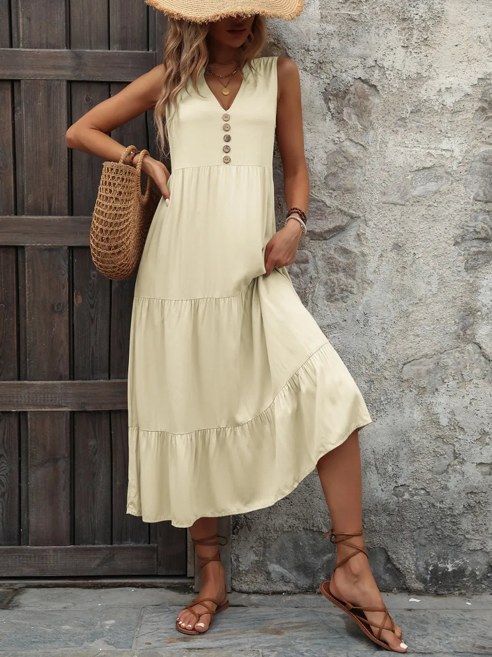 Ivy Lane Decorative Button Notched Sleeveless Dress Easy Apparels