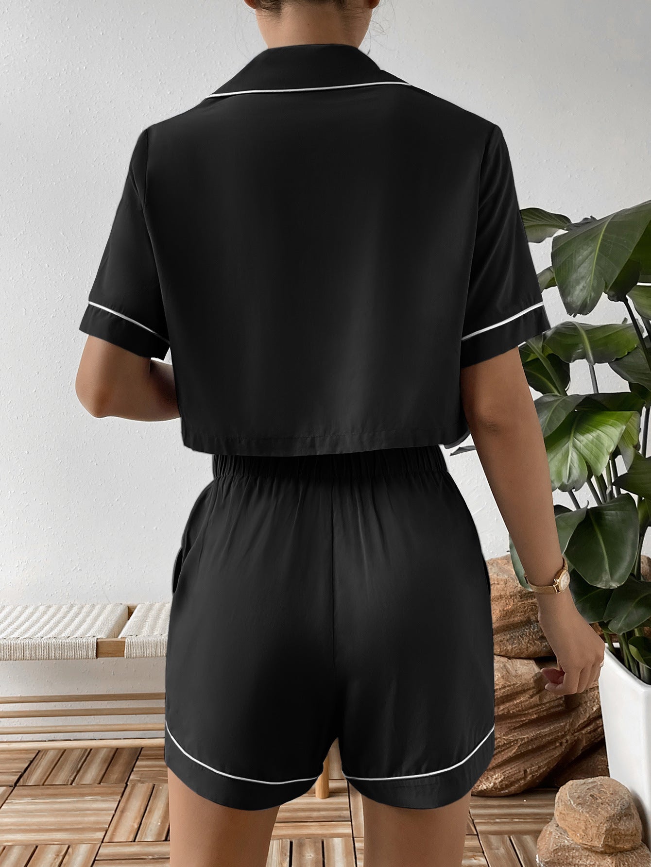 Ivy Lane Contrast Lapel Collar Cropped Shirt and Shorts Lounge Set Easy Apparels