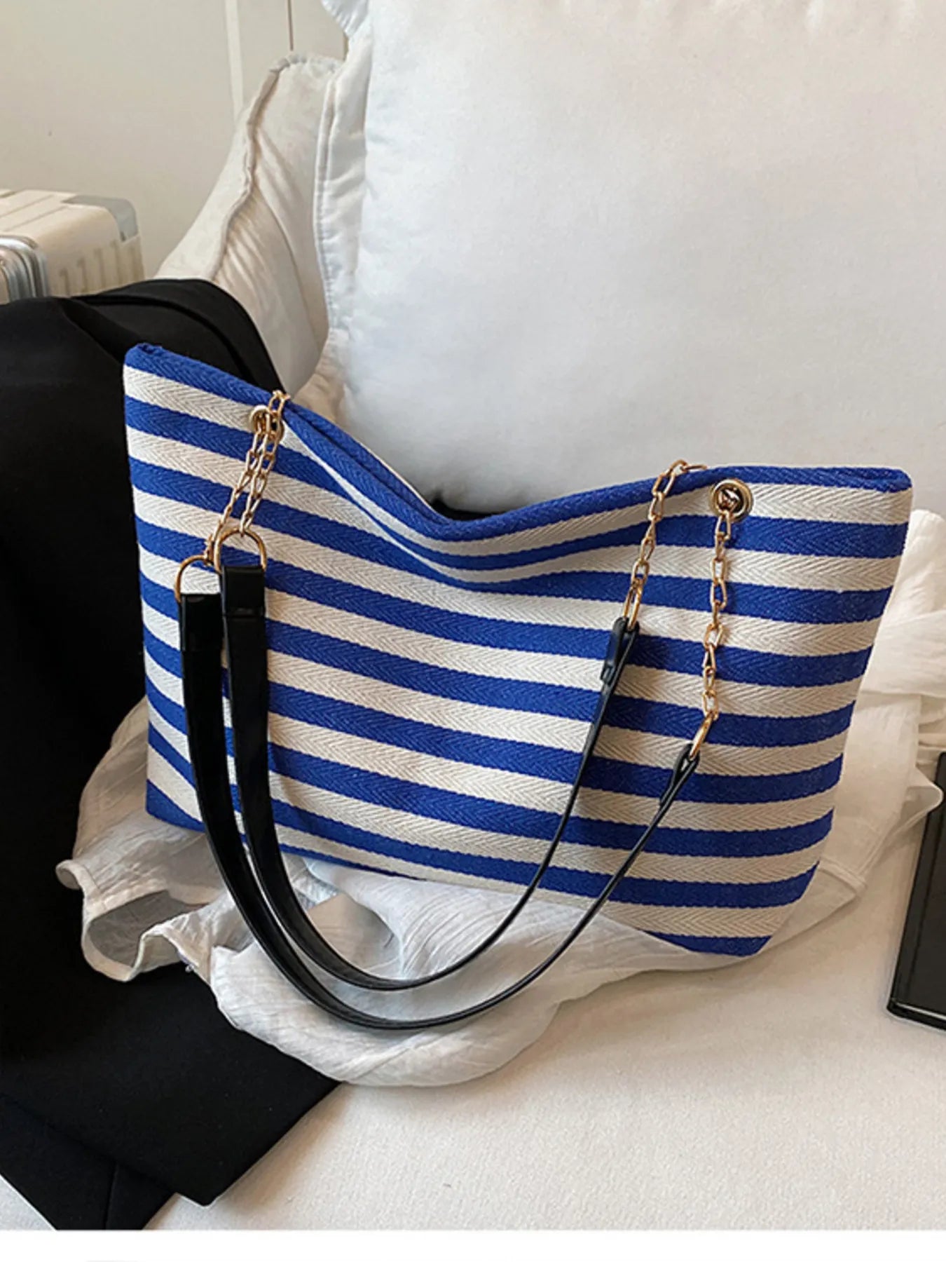Striped Shoulder Bag with Chain Detail Easy Apparels