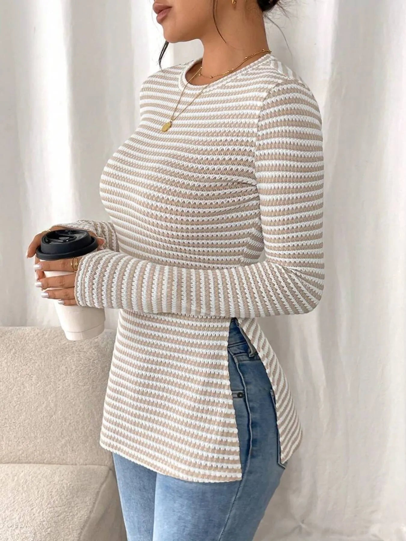 Trendsi Side Slit Striped Long Sleeve T-Shirt