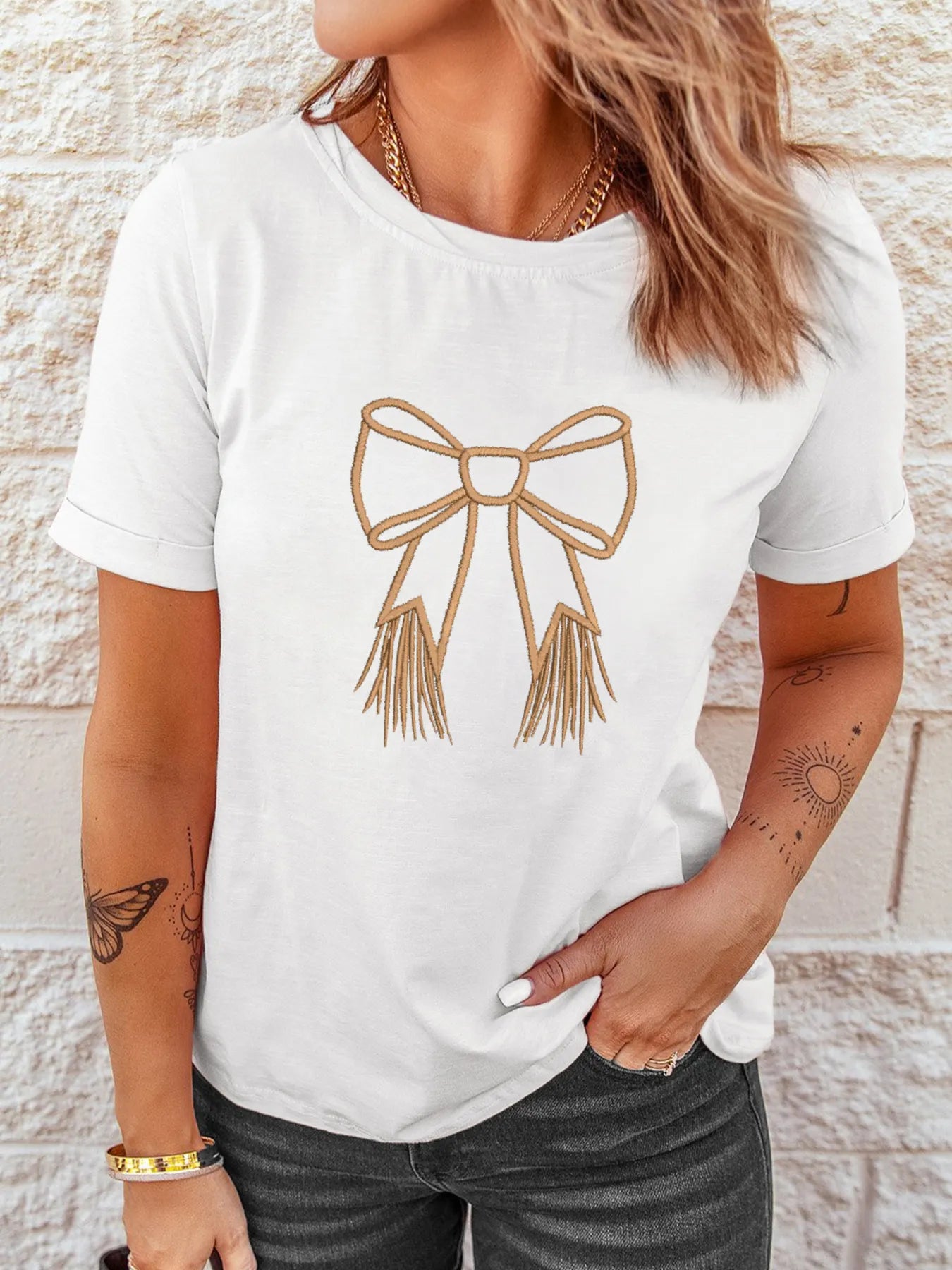 Trendsi Bowknot Western Round Neck T Shirt