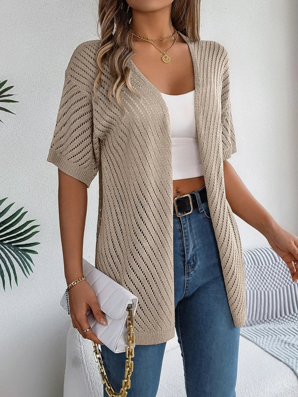 Openwork Open Front Half Sleeve Cardigan Khaki Easy Apparels