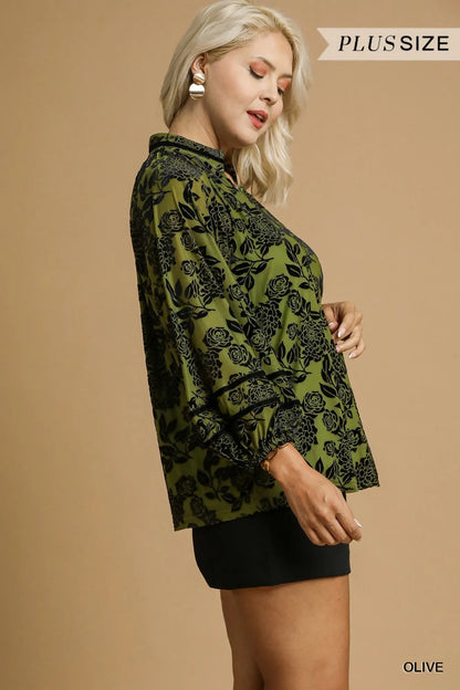Trendsi Umgee Full Size Floral Velvet Blouse with Balloon Sleeves Plus Size