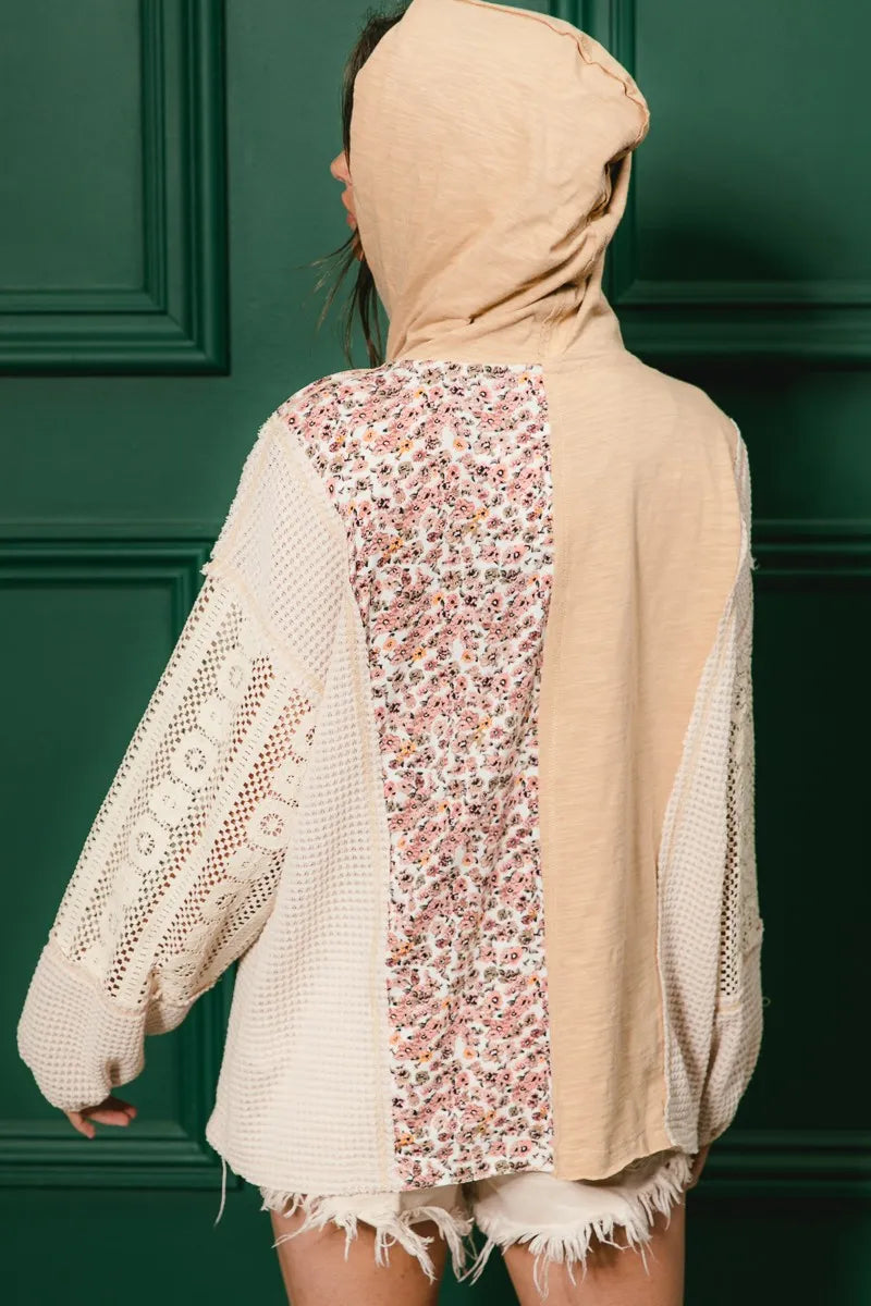 Trendsi BiBi Slub Jersey with Lace Combo Buttoned Hoodie Top