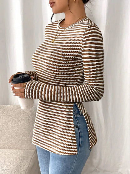 Trendsi Side Slit Striped Long Sleeve T-Shirt