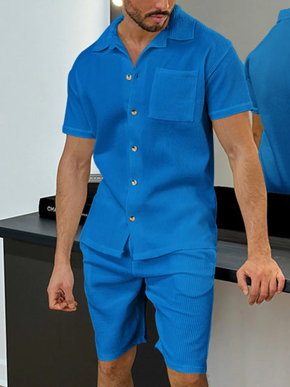 Men's Full Size Button Up Top and Shorts Set Plus Size Blue Easy Apparels