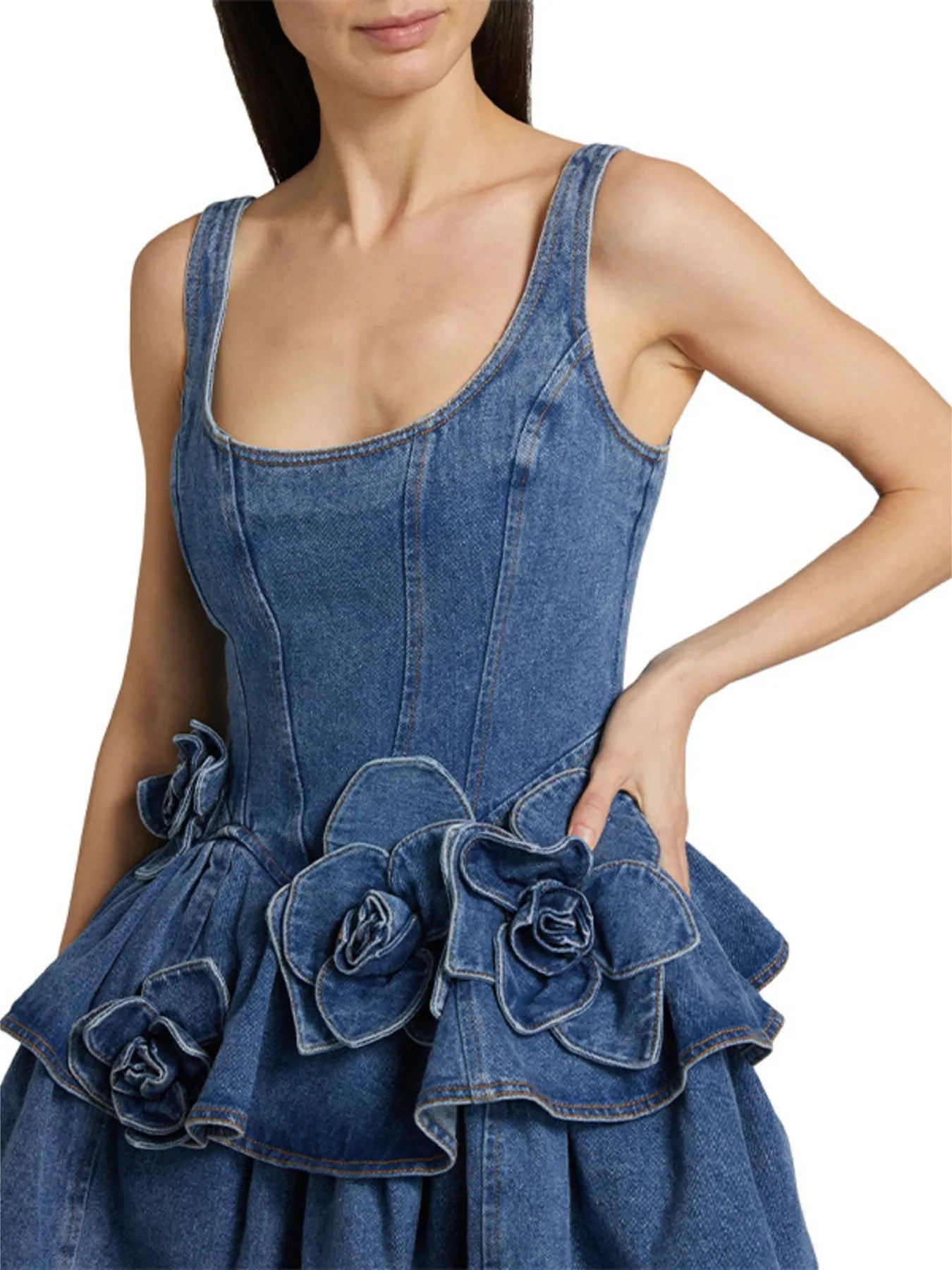 Ruffled Layered Scoop Neck Denim Dress Easy Apparels