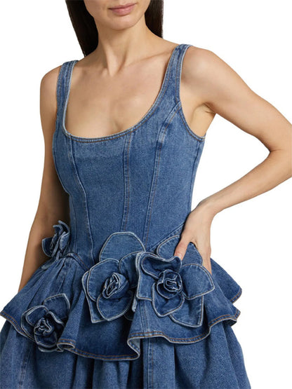 Ruffled Layered Scoop Neck Denim Dress Easy Apparels
