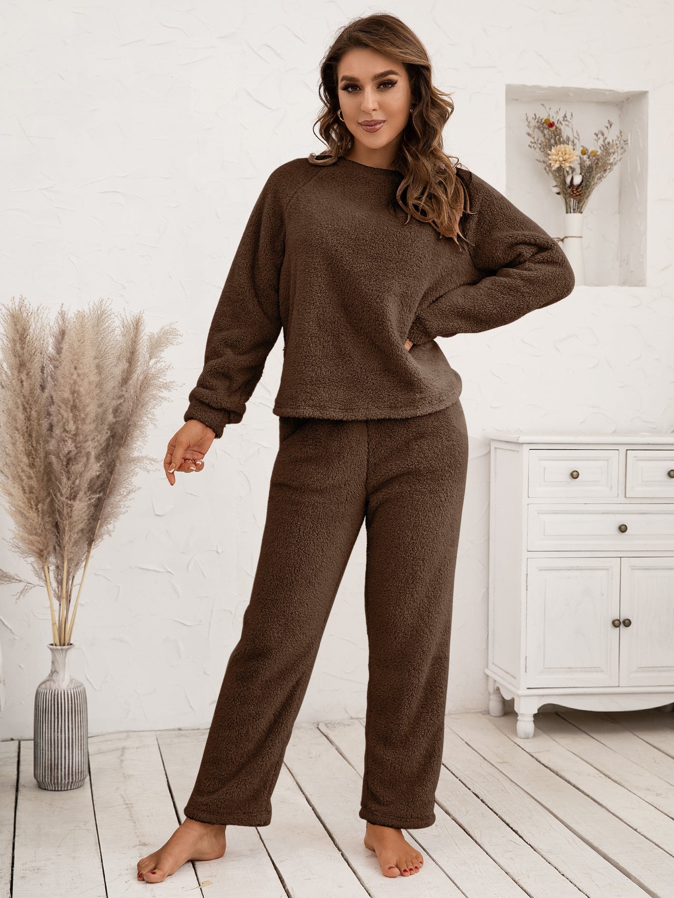 Ivy Lane Teddy Long Sleeve Top and Pants Lounge Set Easy Apparels