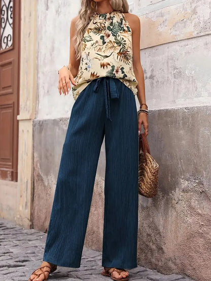 Printed Tank Top and Wide Leg Pants Set Peacock Blue Easy Apparels
