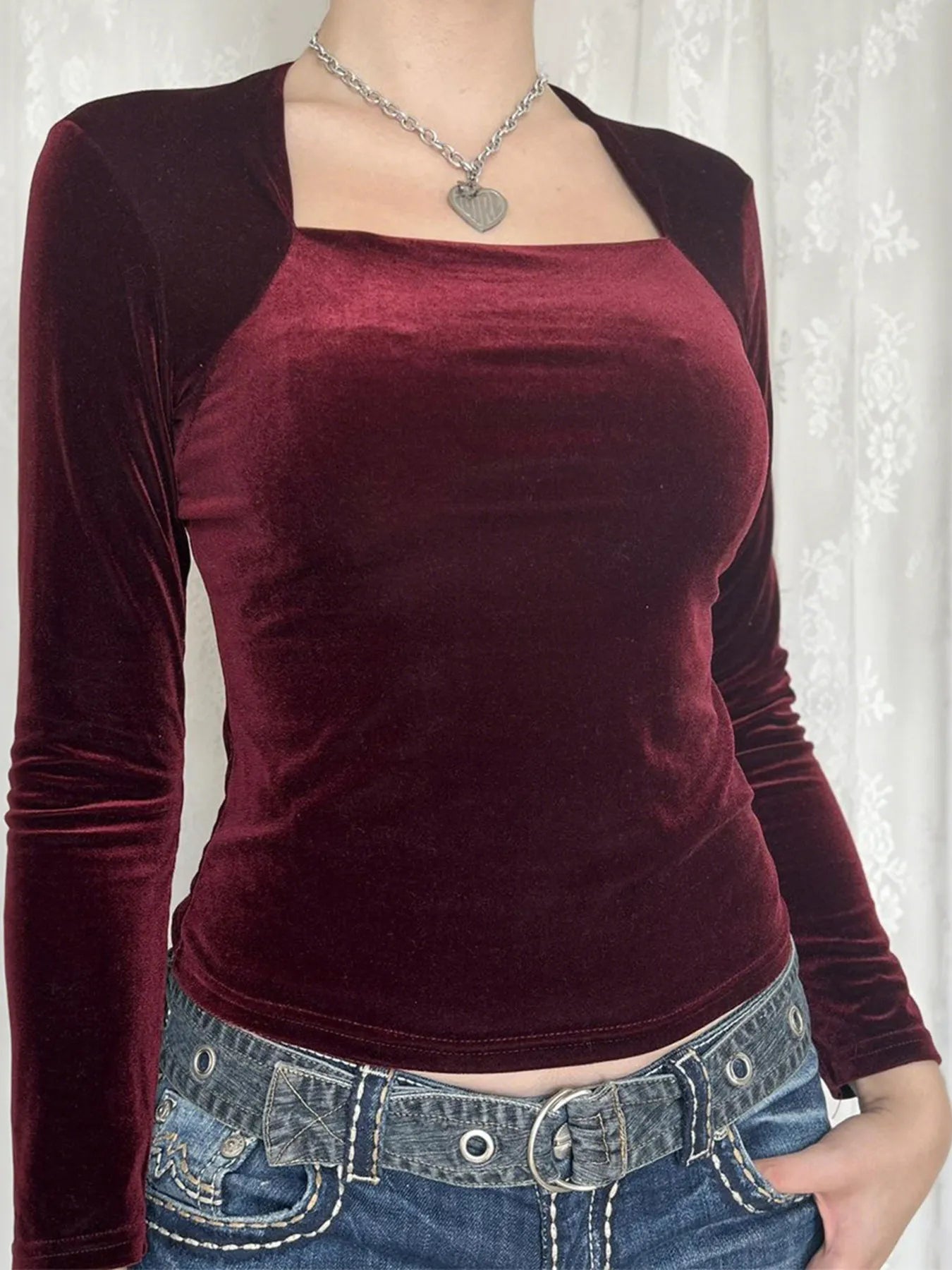 Trendsi Velvet Long Sleeve Square Neck T-Shirt