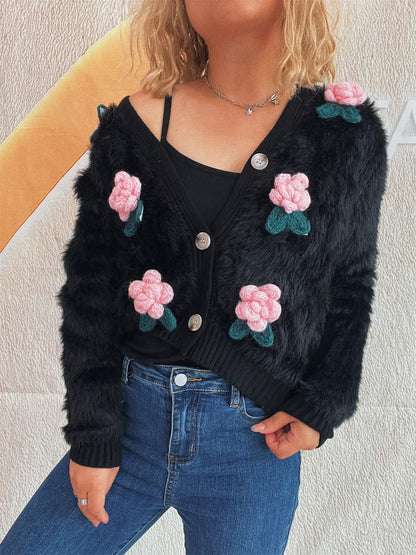 Flower Fuzzy Button-Up Cardigan Easy Apparels