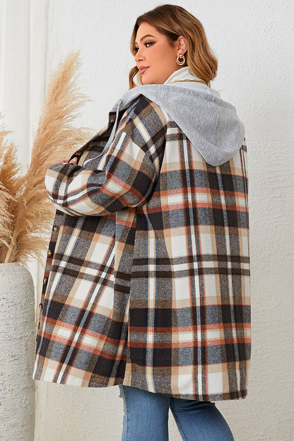 Honey Plus Size Plaid Drop Shoulder Hooded Coat Easy Apparels