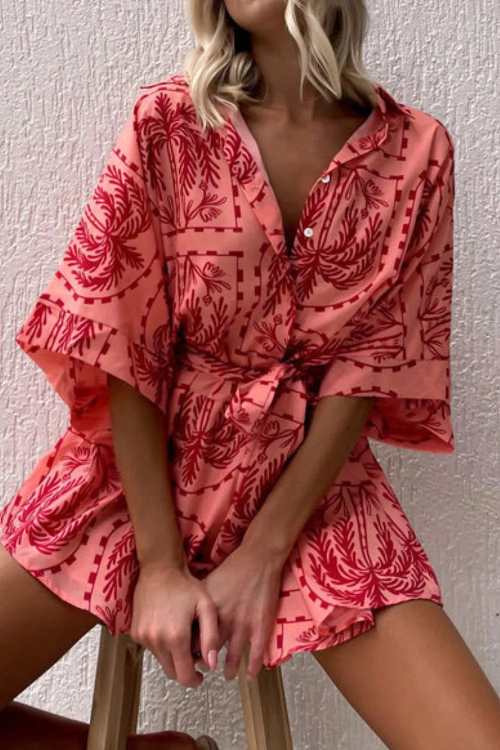 Printed Tie Waist Romper Easy Apparels