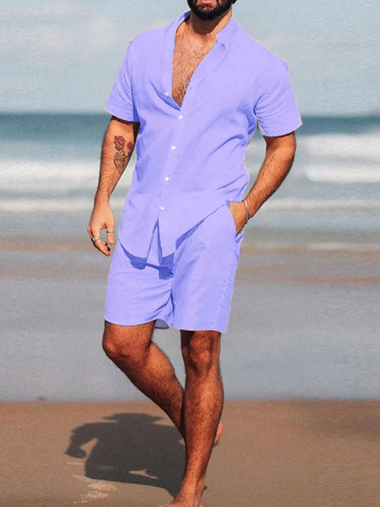 Men's Full Size Short Sleeve Shirt and Shorts Set Plus Size Purple Easy Apparels