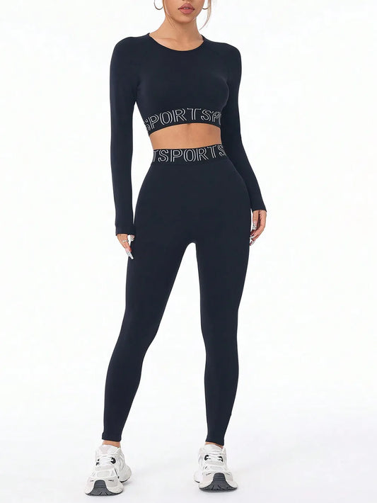Letter Print Round Neck Long Sleeve Top and Leggings Active Set Black Easy Apparels
